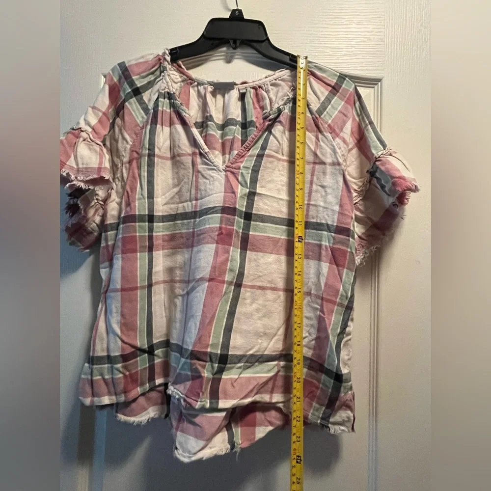 True Craft Pink and Green Plaid Blouse with distressed edging. - Picture 4 of 7